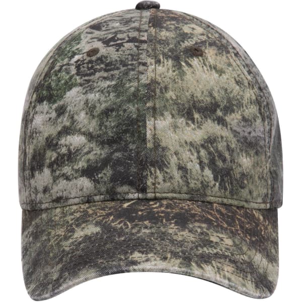 A camouflage 6 panel low profile baseball cap featuring shades of green and brown, and includes a logo.
