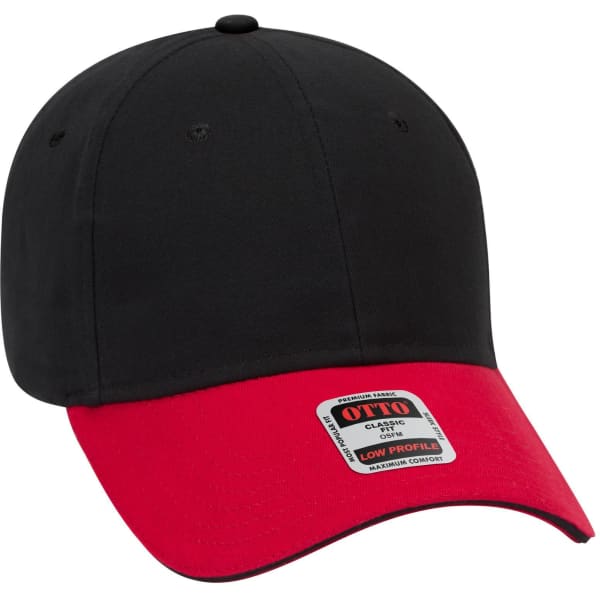 A black and red 6 panel low profile baseball cap with a logo on the front.