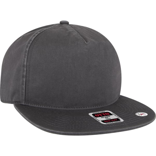 A grey 5 Panel Low Profile Style Dad Cap with a flat brim and a logo on the side.