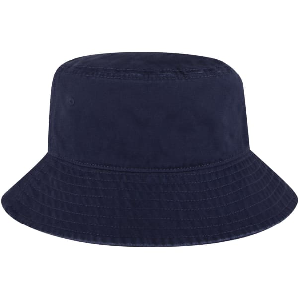 A navy bucket hat with a wide brim and a textured finish, featuring a logo.