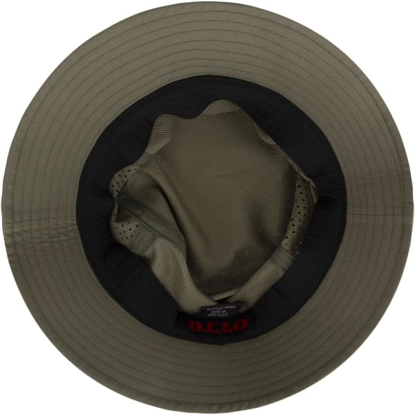 An olive green bucket hat featuring a black inner lining and a mesh design. The hat includes a logo branding inside.