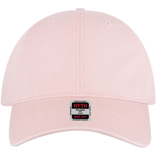 A pink 6 panel low profile dad cap with a logo on the front.
