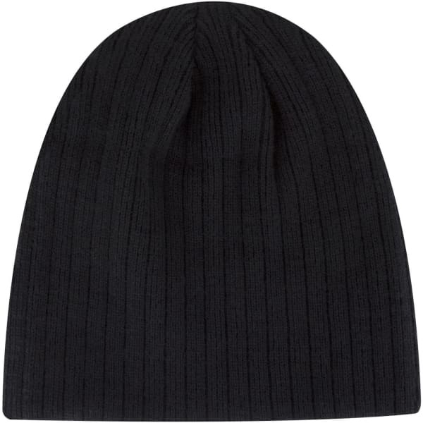 A black fine knit beanie with a ribbed texture and a logo on the side.