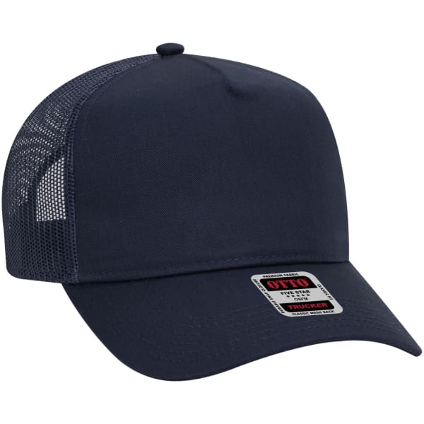 A navy blue 5 Panel Mid Profile Trucker Cap with mesh panels and a logo on the front.