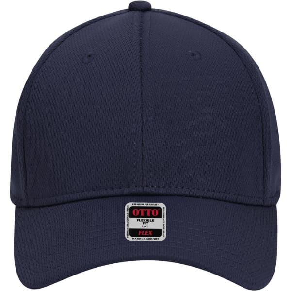 A navy 6-panel low profile baseball cap with a flexible fit and a logo on the front.