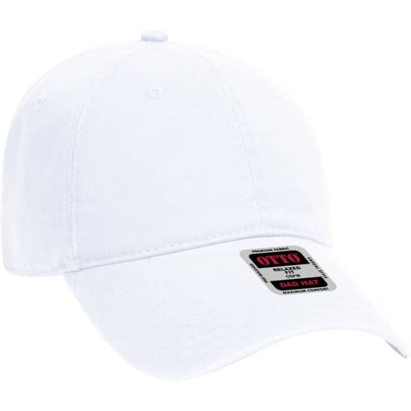 A white 6-panel low profile dad cap featuring a logo and a curved brim.