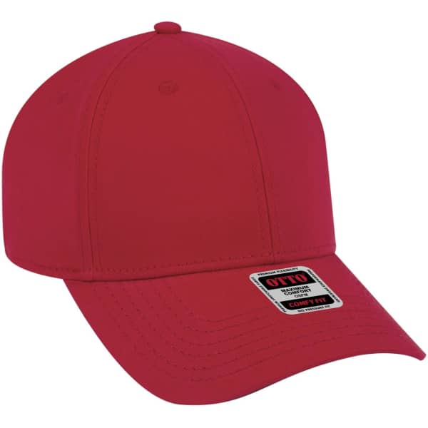 A red six-panel low-profile baseball cap with a logo on the front.