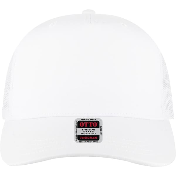 A white 5 Panel Mid Profile Trucker Cap with mesh sides and a branded label on the front.