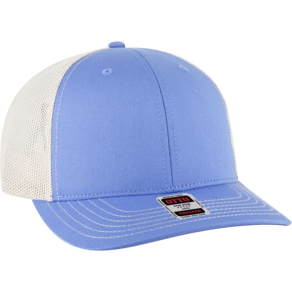 A light blue 6-panel mid profile trucker cap with a mesh back and an adjustable strap. It features a logo on the front.