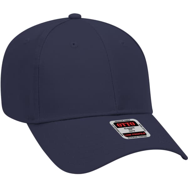 A navy blue 6 panel low profile baseball cap with a stylish curved brim and a logo on the side.