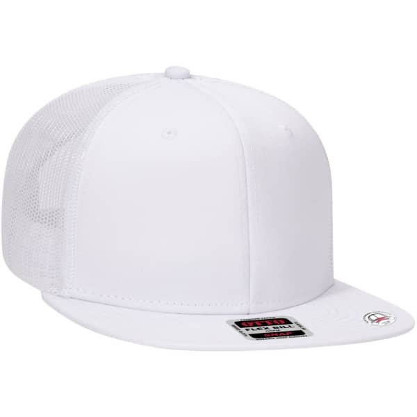A white 6-panel mid profile trucker cap with a mesh back and a solid front panel. Features a logo.