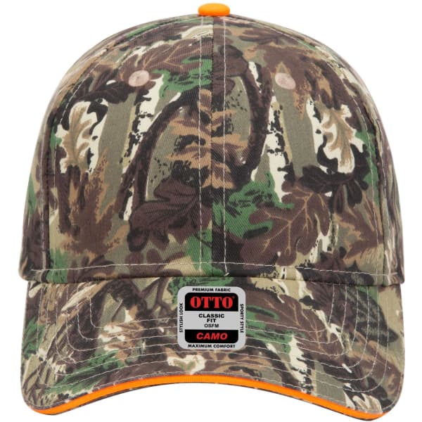 A camouflage 6-panel low profile baseball cap with an orange accent and a logo on the front.