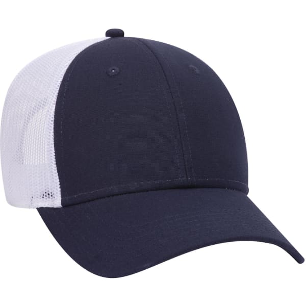 A navy blue and white 6 Panel Low Profile Trucker Cap with a mesh back and a solid front panel.