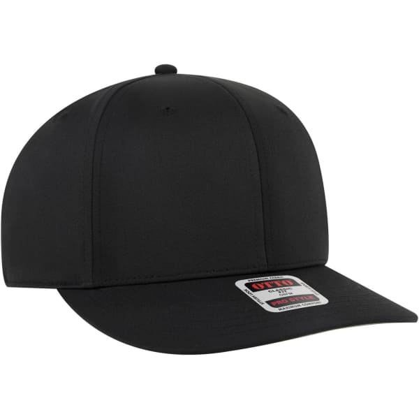A black 6 panel pro style snapback hat with a stiff brim and a logo on the front.