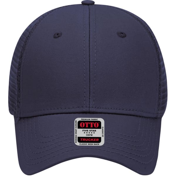 A navy 6 panel low profile trucker cap with a classic mesh back and a branded label on the front.