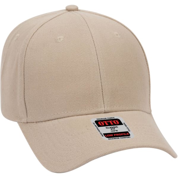 A beige low profile baseball cap with a brand label on the front and a classic six-panel design.