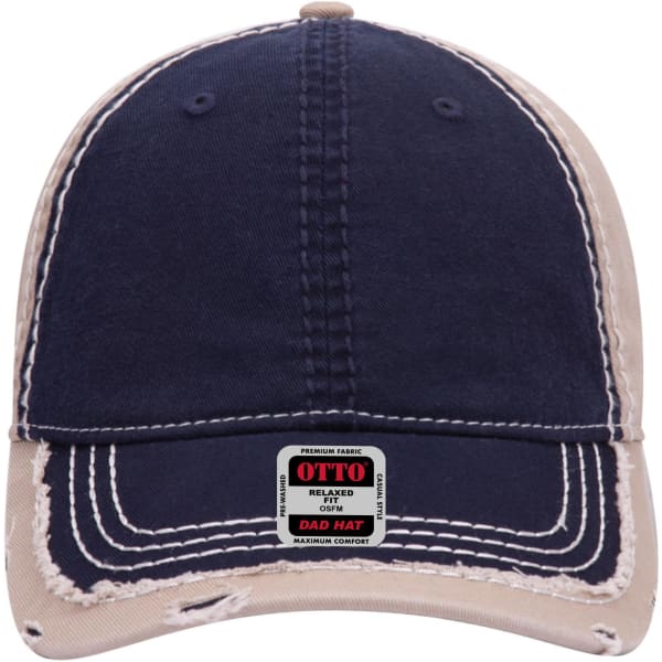 A navy and beige 6 panel low profile dad cap with a logo, featuring a relaxed fit and stitched detailing.