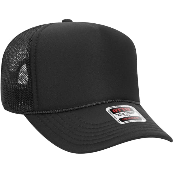 A black 5 Panel Mid Profile Trucker Cap featuring a mesh back and a logo on the front.