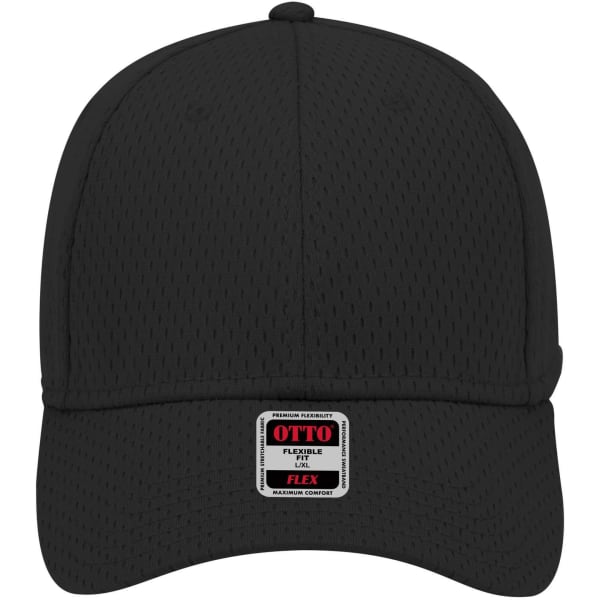 A black 6 panel low profile baseball cap with a logo on the front. Features a flexible fit design.