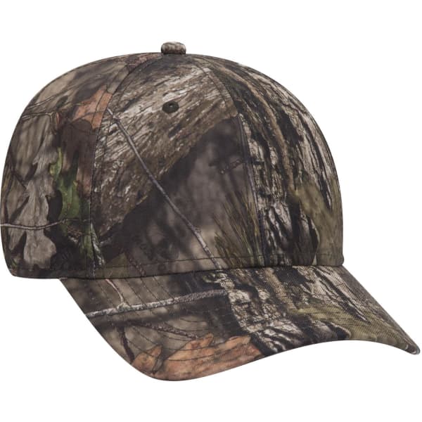 A camo-patterned six-panel low profile baseball cap, featuring shades of green, brown, and grey with a logo.