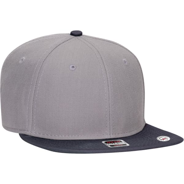 A grey six-panel mid-profile snapback cap with a darker peak and a logo on the side.