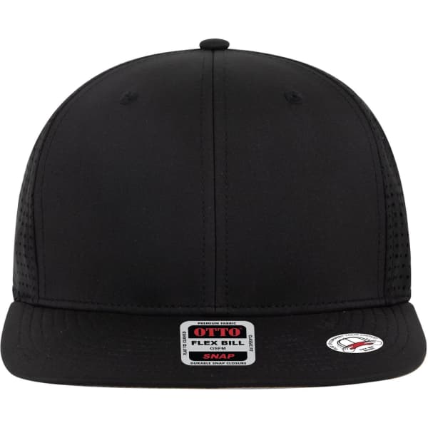 A black 6 panel snapback cap with a flexible bill and a branded label on the front.
