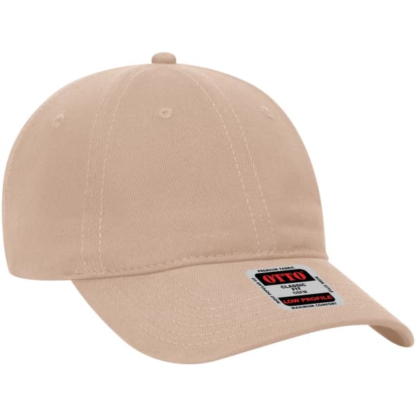 A beige low profile baseball dad cap with a logo on the side. Designed with six panels for a casual look.