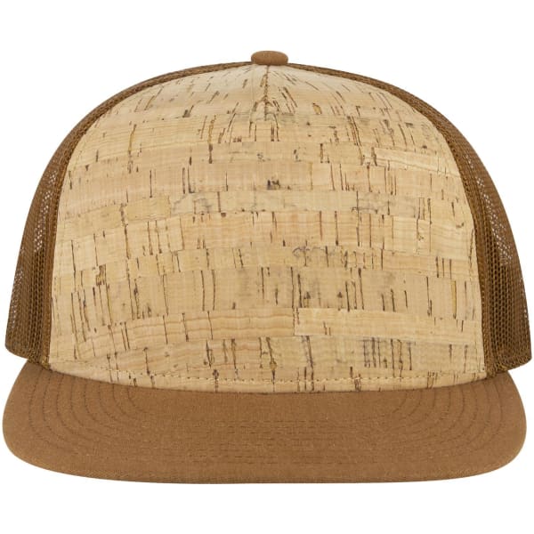A 5-panel trucker cap featuring a cork-patterned front and brown mesh sides, with a brown brim.