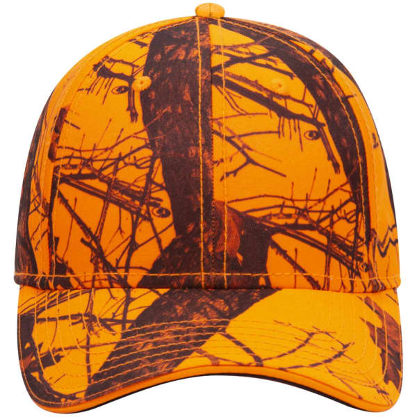 A low profile baseball cap in bright orange with a camouflage pattern, featuring a logo on the front.