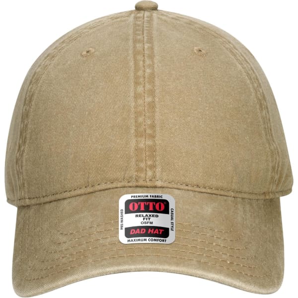 A tan 6-panel low profile dad cap with a logo tag on the front.