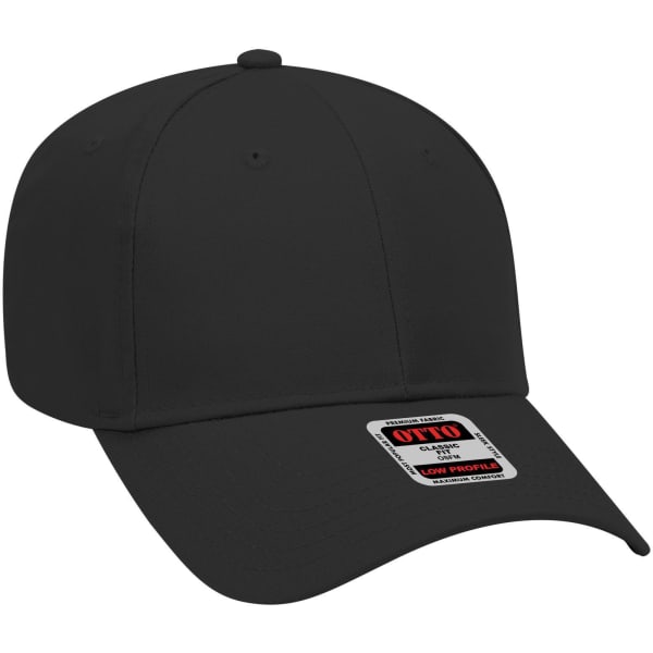 A black 6 panel low profile baseball cap with a logo on the side.