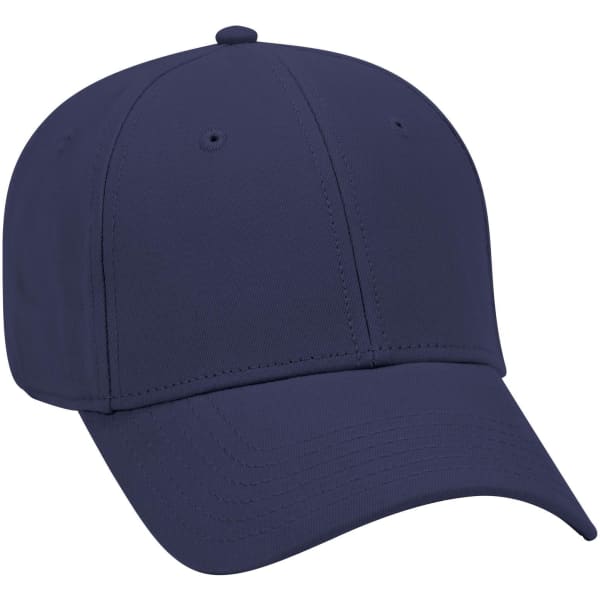 A navy blue six-panel low profile baseball cap with a logo on the front.