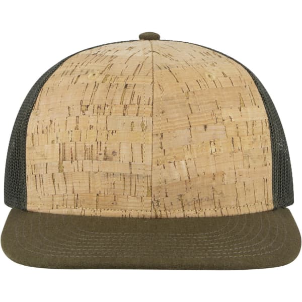 A 6-panel mid profile trucker cap featuring a cork front and dark green mesh sides, with a dark green visor.