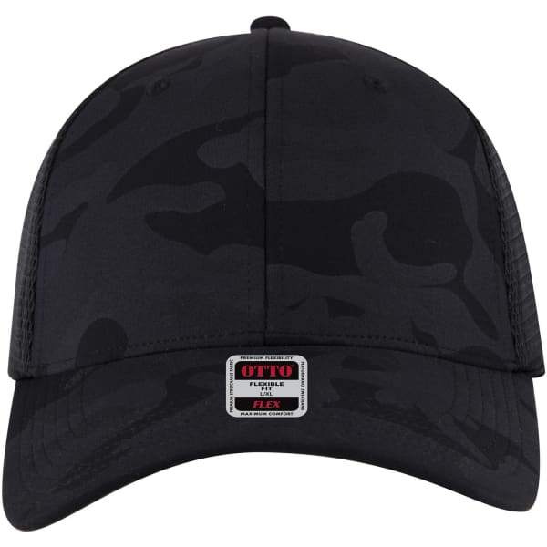 A black camouflage trucker cap with a low profile design and a flexible fit featuring a logo on the front.