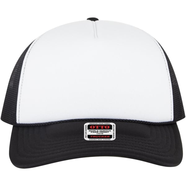 A 5 panel low profile trucker cap in black and white, featuring a branded label on the front.