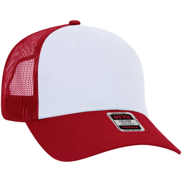 A red and white 6 panel low profile trucker cap with a mesh back and a branded tag.