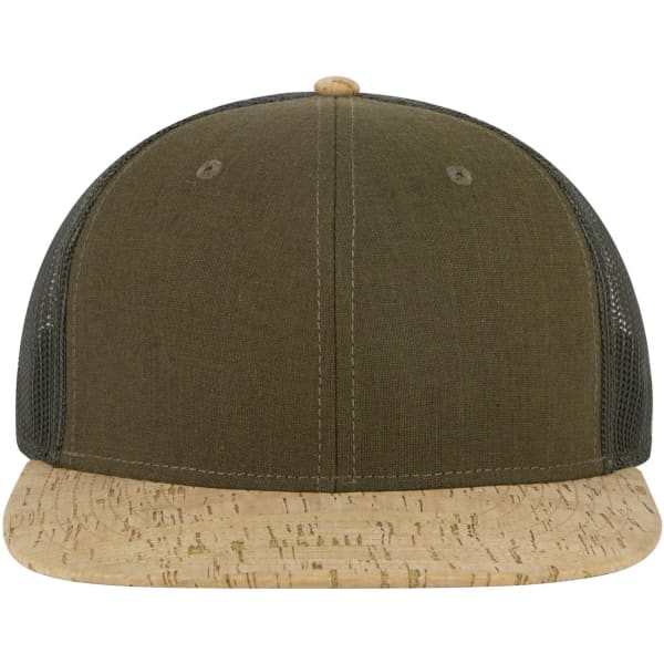 A green 6 panel mid-profile trucker cap with a cork-patterned beige brim and a mesh back featuring a logo.