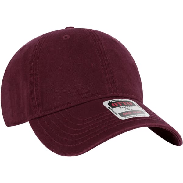 A maroon 6 Panel Low Profile Dad Cap featuring a logo, designed as casual headwear.