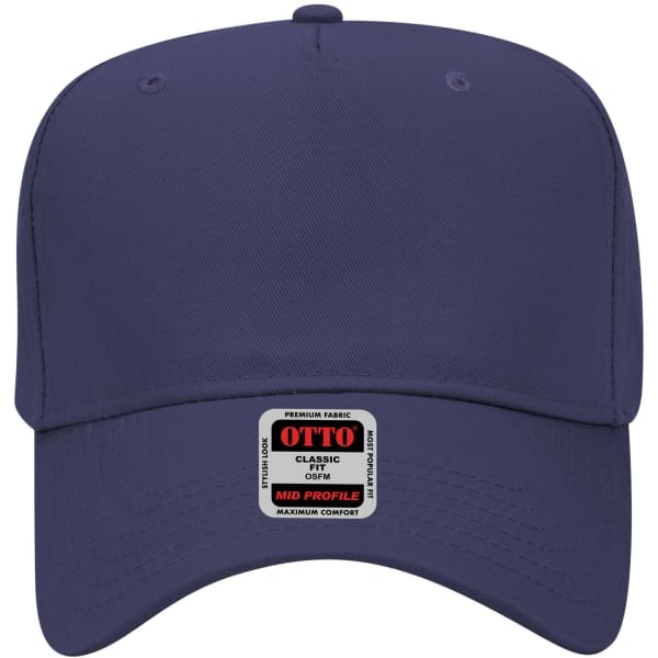 A navy blue 5 panel mid crown baseball cap with a logo on the front.