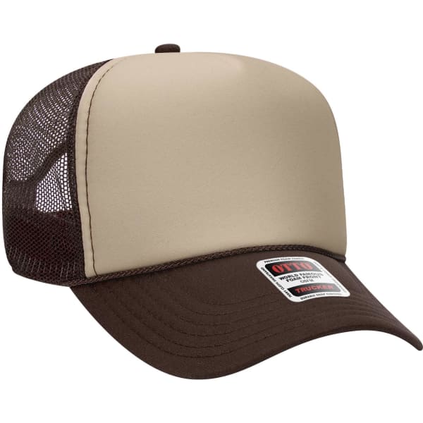 A mid profile trucker cap in beige and brown, featuring a mesh back and a logo on the front.
