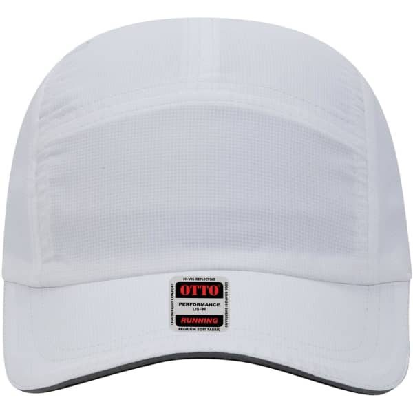 A reflective white 5-panel running cap with a black brim and a logo on the front.
