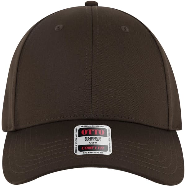 A brown low-profile baseball cap with six panels, featuring a logo on the front.