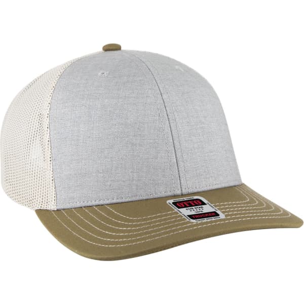 A grey and beige 6 panel mid profile trucker cap with a logo on the front and a curved brim.