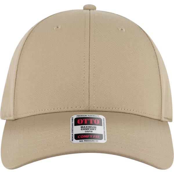 A beige six-panel low-profile baseball cap with a logo on the front.