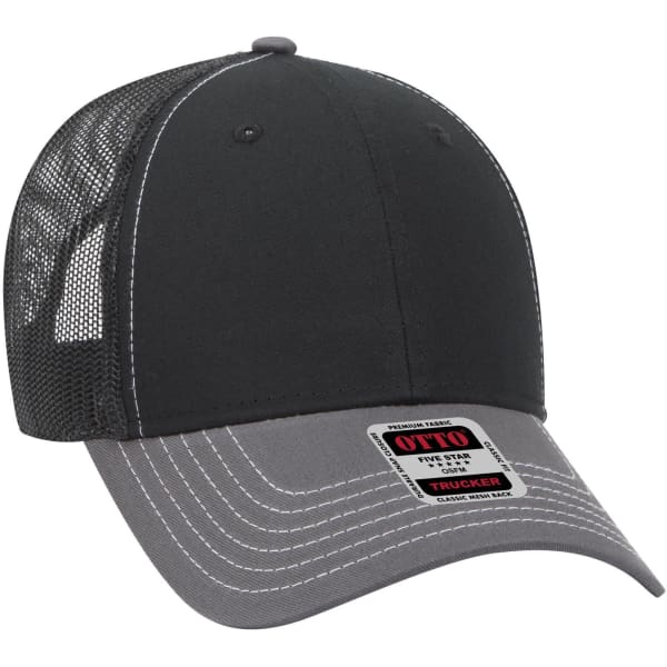 A black and grey 6 panel low profile trucker cap featuring a mesh back and a logo on the front.