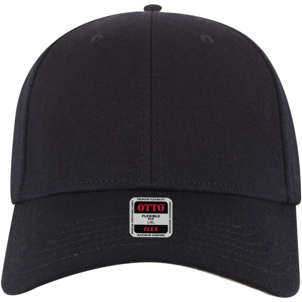 A black six-panel low profile baseball cap with a flexible fit and a branded label on the front.