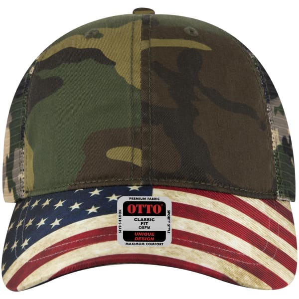 A camo-patterned trucker cap with an American flag design on the brim and a logo on the side.