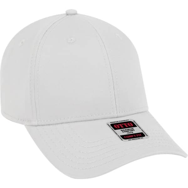 A white six-panel low profile baseball cap with a branded tag on the front.