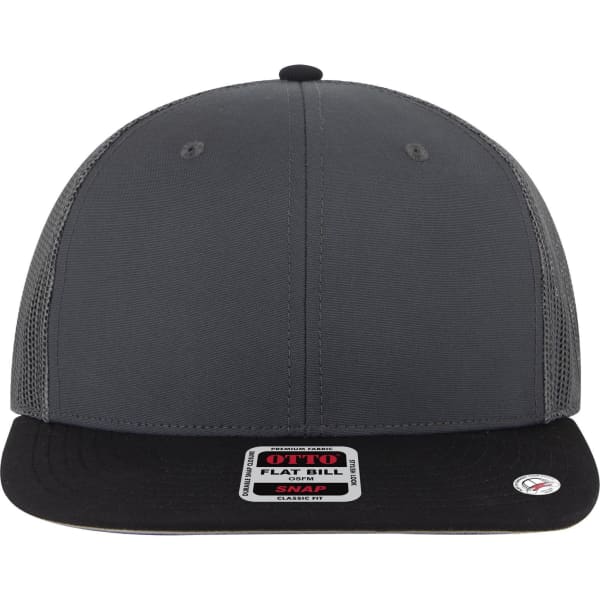 A grey mid-profile trucker cap with a black flat bill and a mesh back. It features a logo on the front.