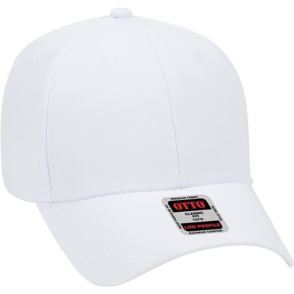 A white low profile baseball cap featuring a branding logo on the front. The cap has six panels and a rounded shape.